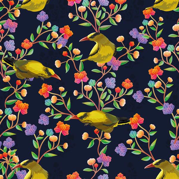 گرافیک گل و الگوی یکپارچه پرنده زرد