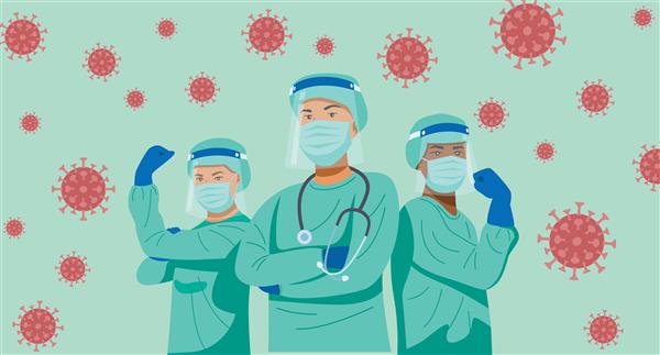 تصویری از شخصیت های پزشکان و پرستاران که با ماسک در حال مبارزه با ویروس هستند