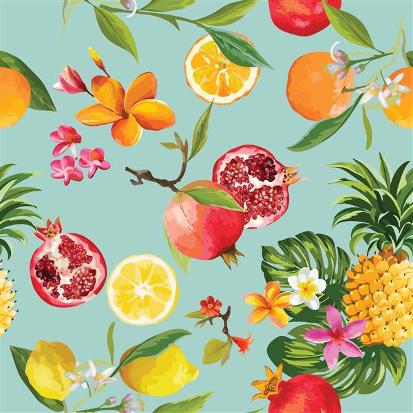 الگوی میوه های گرمسیری بدون درز انار لیمو پرتقال گل برگ و میوه پس زمینه