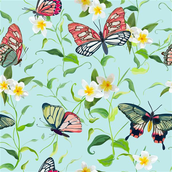 الگوهای یکپارچه گل های گرمسیری و پروانه ها