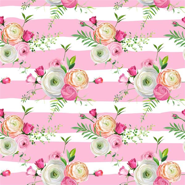 الگوی بدون درز گل با رزهای صورتی و گلهای رانونکولوس زمینه گیاه شناسی برای پارچه پارچه کاغذ دیواری و دکور تصویر برداری