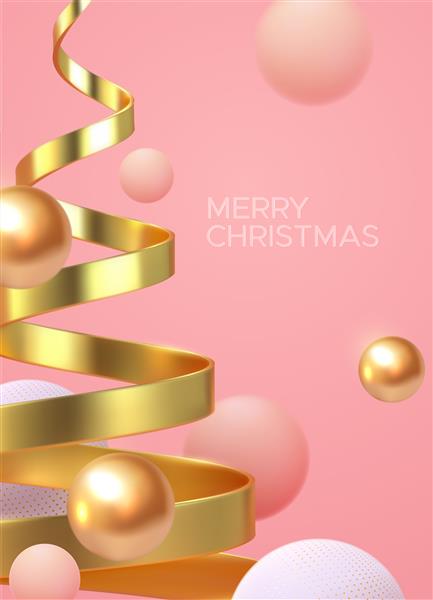 پوستر مینیمالیستی کریسمس از شکل مارپیچ درخت کریسمس طلایی و کره های روان