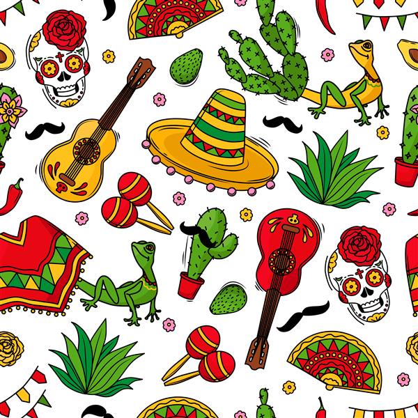 الگوی بدون درز با نمادهای فرهنگ مکزیکی در زمینه سفید گیتار سمبرو ماراکاس کاکتوس و جمجمه