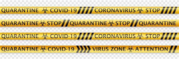 مجموعه ای از نوارهای ایمنی بدون درز با برچسب های هشدار دهنده کروناویروس و نمادهای خطر زیستی در رنگهای مشکی و زرد با سایه های ملایم در زمینه شفاف