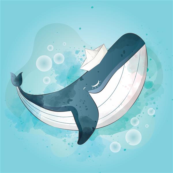 نهنگ نوزاد شاد با کلاه کشتی کاغذی