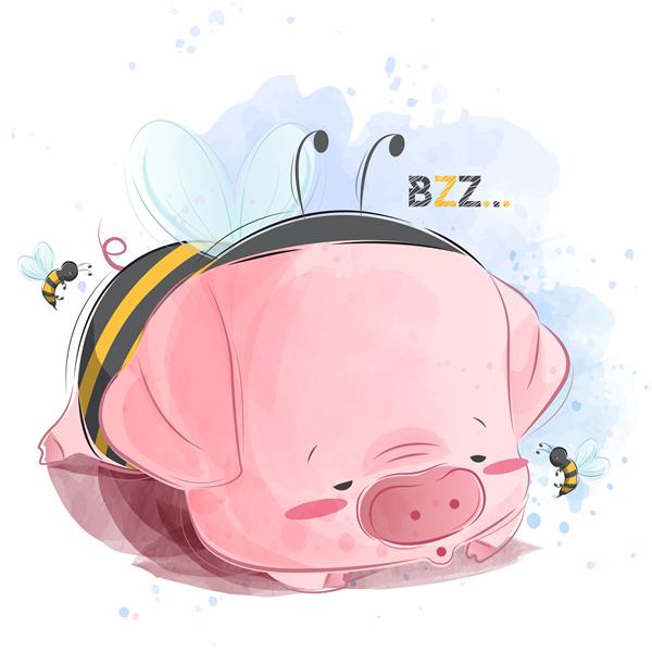 بچه خوک کارتونی با لباس زنبور خوابیده است