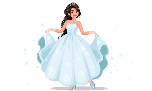 شاهزاده خانم زیبا و زیبا تصویر بردار لباس سفید بلند خود را در دست دارد