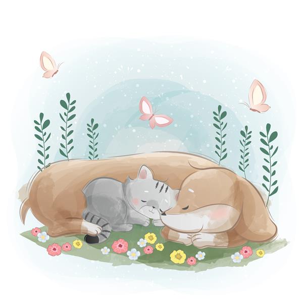 یک سگ سوسیس با بچه گربه کوچک خوابیده است