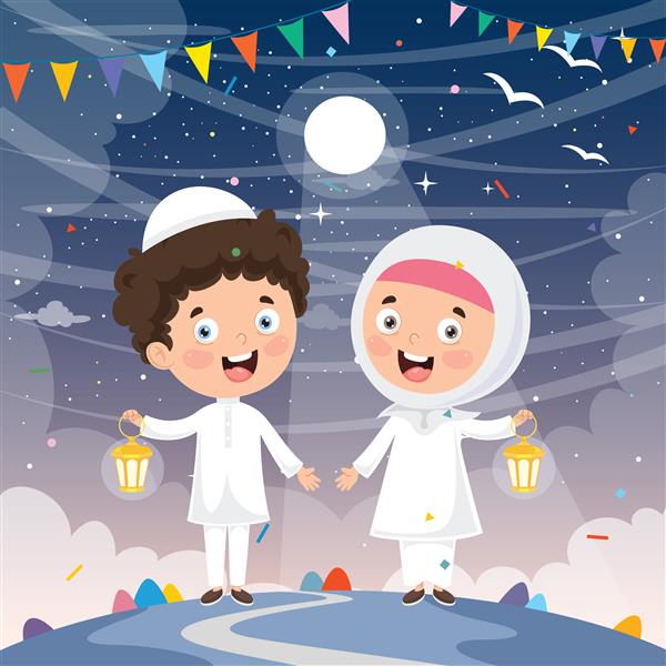 تصویر وکتور بچه های مسلمان که ماه رمضان را جشن می گیرند