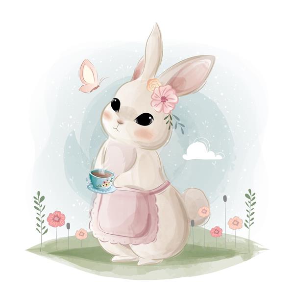 خرگوش ناز که یک فنجان چای در دست دارد