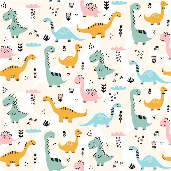 الگوی دایناسورهای زیبا - طراحی الگوی بدون درز دایناسورهای کودکانه با دست