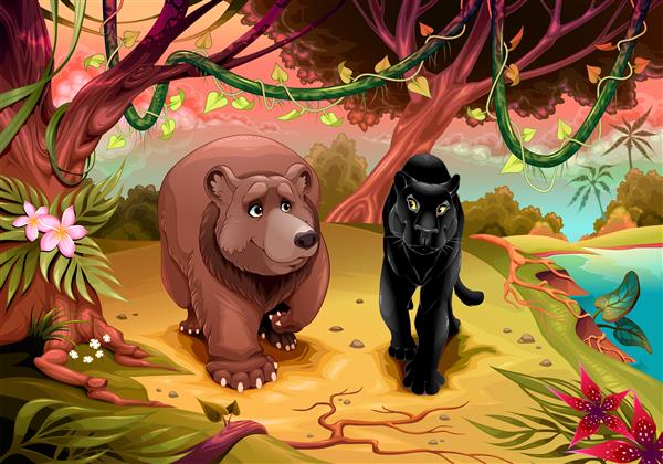 خرس و پلنگ سیاه با هم در جنگل قدم می زنند