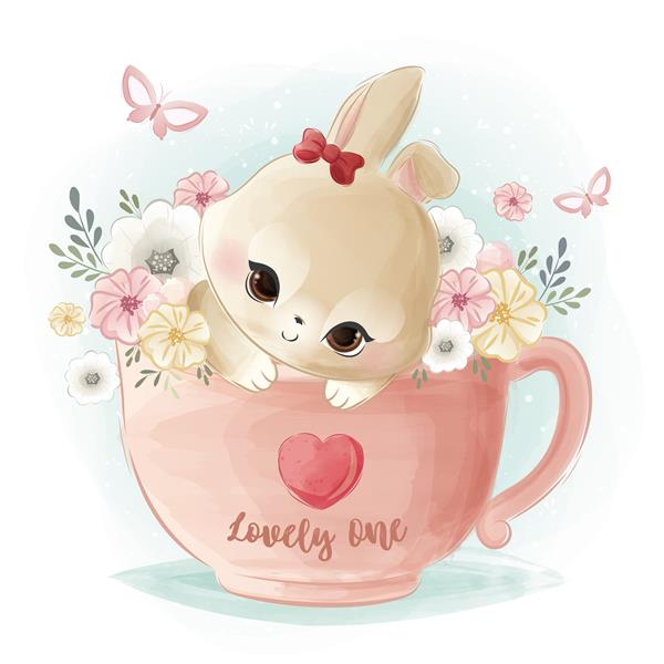 خرگوش ناز کوچک زیبا روی یک فنجان چای خوری