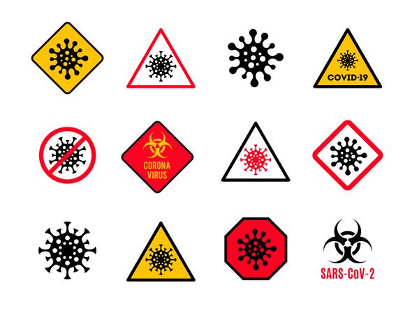 مجموعه علامت هشدار و خطر با نماد کروناویروس نشانه کووید -19 را متوقف کنید علامت شورش کروناویروس
