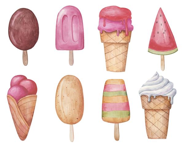 انواع مختلف مجموعه بستنی روی پای چوبی و در یک لیوان تصویر در زمینه سفید