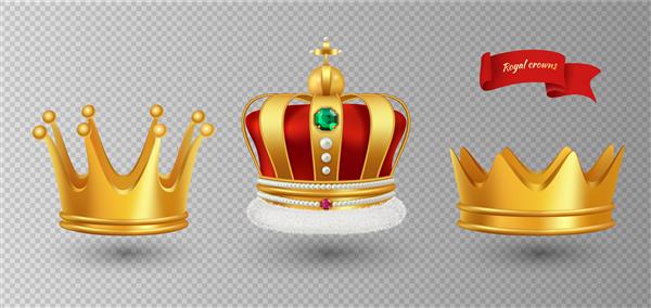 تاج های سلطنتی واقع بینانه الماس و جواهرات عتیقه لوکس و تاج های طلا جدا شده در زمینه شفاف