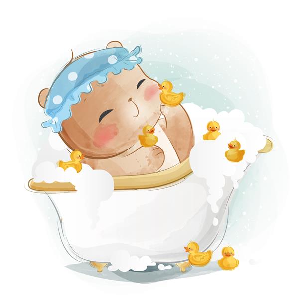 خرس کوچک در وان حمام با اردک کوچک