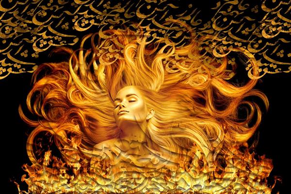 دختر مو آتشین زمینه طلایی دیجیتال آرت اثر ساناز ملکی
