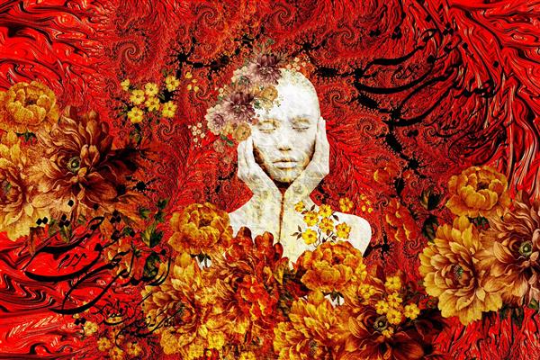  دختر زیبا سفید زمینه قرمز رز دیجیتال آرت اثر ساناز ملکی