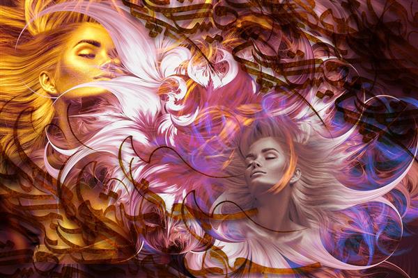  دختر طلایی زمینه گل صورتی دیجیتال آرت اثر ساناز ملکی