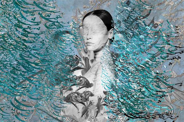 دختر سفید زیبا زمینه آبی دیجیتال آرت اثر ساناز ملکی