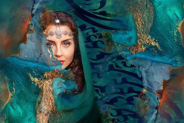 دختر زیبا شال آبی شعر زمینه دیجیتال آرت اثر ساناز ملکی