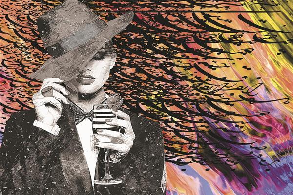 دختر کلاه زمینه خطاطی رنگارنگ دیجیتال آرت اثر ساناز ملکی