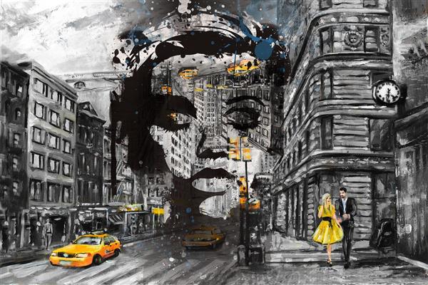 مونتاژ چهره دختر در نقاشی شهر نیویورک همراه با تاکسی زرد و زوج عاشق دیجیتال آرت اثر سامان رئوفی