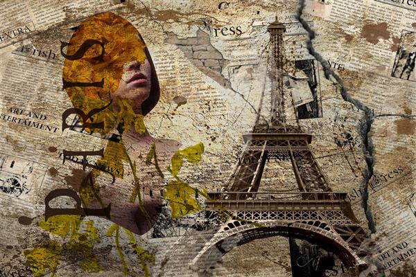 دختر فرانسوی طراحی دیجیتال آرت دختر زیبا در کنار برج ایفل نمای وینتیج اثر سامان رئوفی