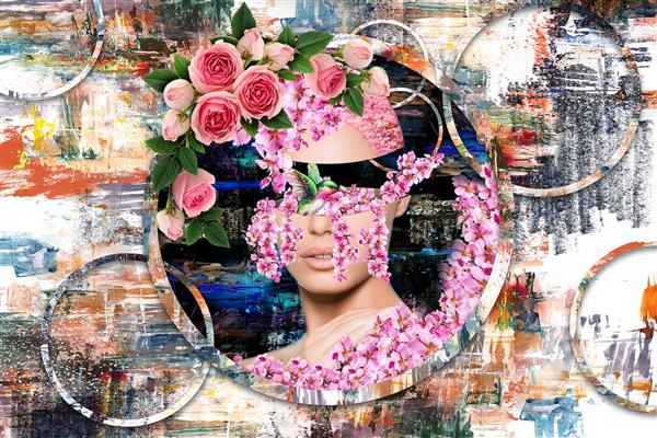 رویای گلستان طرح هنر دیجیتال آرت چهره دختر به شکل گلدان و گلهای صورتی در پس زمینه دایره وینتیج اثر سامان رئوفی