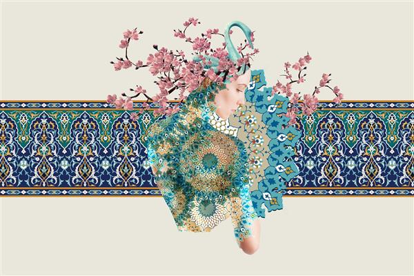 طاووس و تاج شکوفه دیجیتال آرت کاشی کاری سنتی ایرانی اثر سامان رئوفی