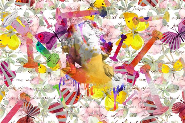 دیجیتال آرت مجسمه رومی در پس زمینه پروانه رنگارنگ اثر سامان رئوفی