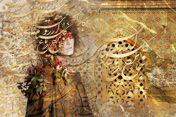 دختر ایرانی در کنار بنای تاریخی بنمای رخ که باغ و گلستانم آرزوست نقاشیخط اثر سامان رئوفی