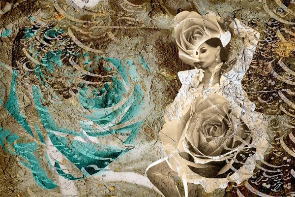 نیمرخ دختر زیبا در میان گل های رز نقاشی شعر فارسی 