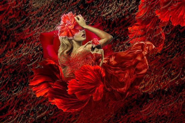 دختر سرخ پوش در میان گل های سرخ قرمز پوش گل های قرمز دیجیتال آرت