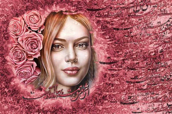 چهره دختر زیبا در میان رزهای زیبای صورتی اثر سامان رئوفی