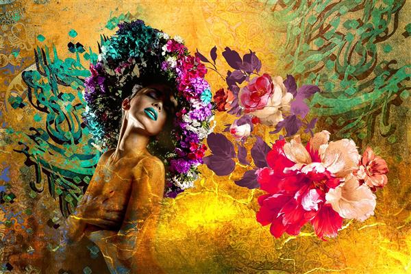 نقاشیخط دختر زیبا با کلاهی از گل های رنگارنگ اثر سامان رئوفی