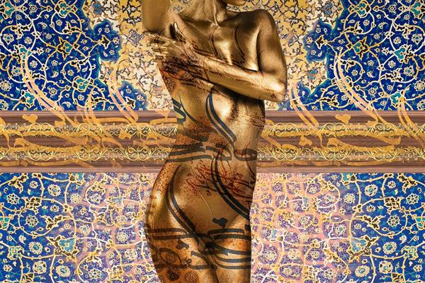 تندیس برنزی و طلایی دختر زیبا با پس زمینه تذهیب هنر ایرانی