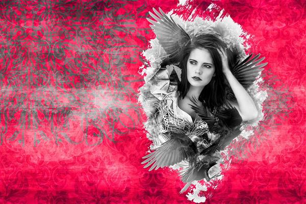 فرشته زیبا در پس زمینه قرمز دیجیتال آرت اثر سامان رئوفی