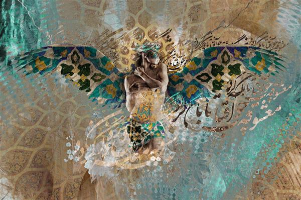 هنر دیجیتال فرشته زیبا و معماری گنبد باستانی اثر سامان رئوفی