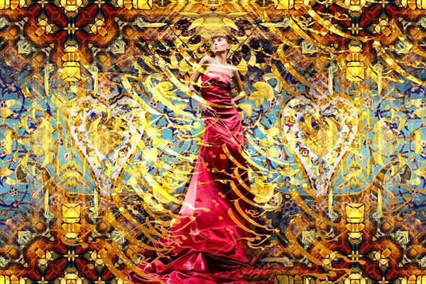 کت واک مانکن زیبا با لباس بلند قرمز در پس زمینه طلایی لاکچری هنر دیجیتال اثر سامان رئوفی