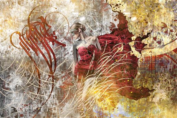 مانکن زیبای قرمز پوش نقابدار در فشن شو هنر دیجیتال اثر سامان رئوفی