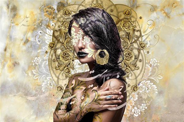 دختر مو مشکی زیبا در پس زمینه بژ و طلایی باروک با گوشواره هنر دیجیتال