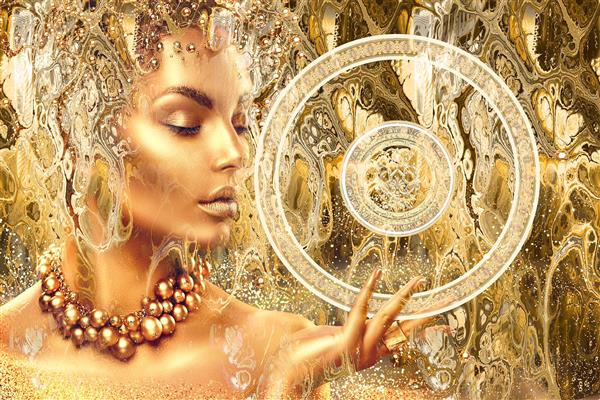 نیمرخ دختر طلایی زیبا با جواهر هنر دیجیتال