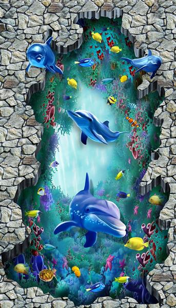 پوستر دلفین های آبی در اعماق دریا در پشت شکاف دیوار سنگی