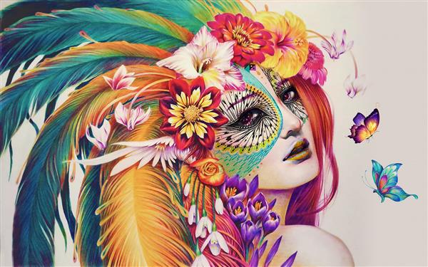 پرتره زن زیبا با ماسک و کلاه رنگارنگ پردار سرخپوستی و تاج گل پوستر دیواری