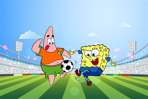 باب اسفنجی و پاتریک در حال بازی فوتبال در استادیوم طرح کارتونی