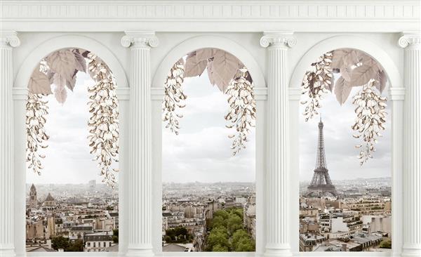 منظره شکوفه و برج ایفل از پنجره قصر پوستر سه بعدی