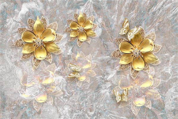 گل های جواهرنشان برجسته طلایی در زمینه مرمر