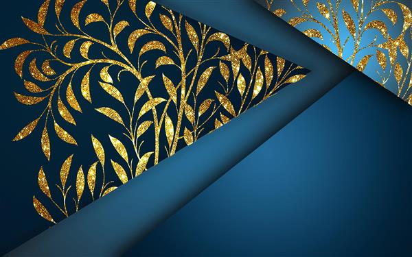 پوستر انتزاعی برگ های تزیینی طلایی در زمینه آبی